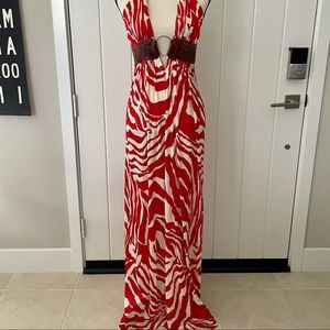 Sky Leather Belted Red Animal Print Halter Maxi